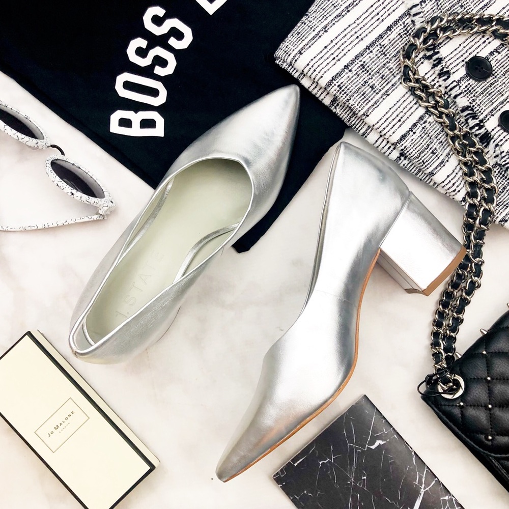 Silver Pointed Toe Block Heel Pumps